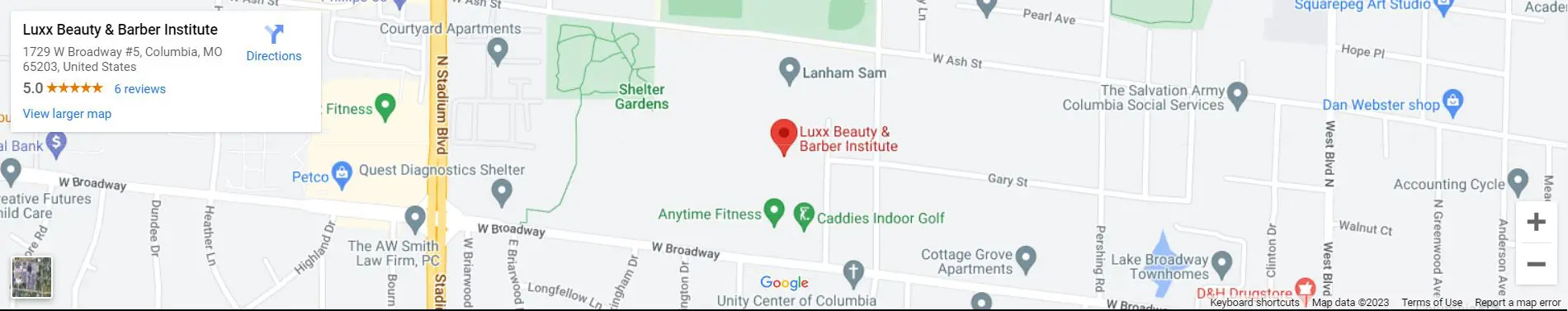 A map of the location of lux beauty & barber institute.