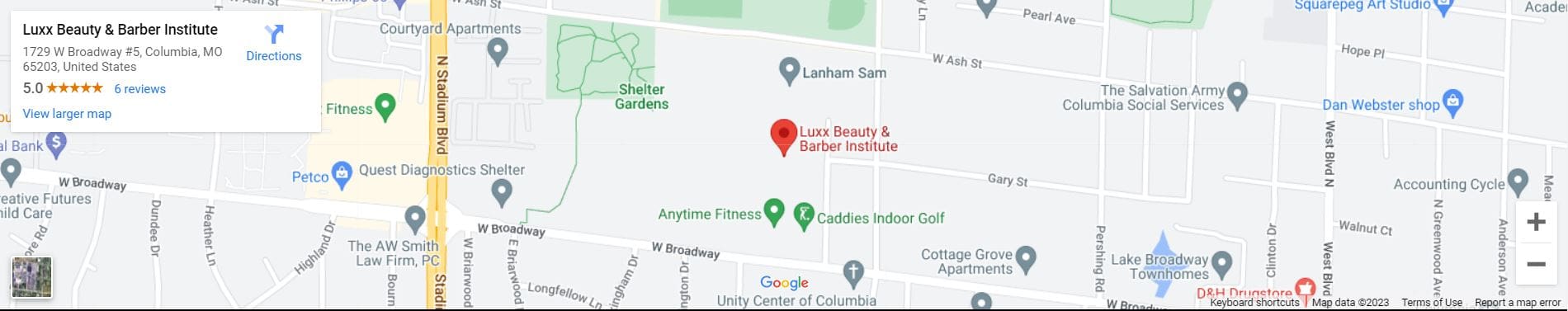 A map of the location of lux beauty & barber institute.