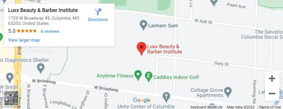 A map of the location of lux beauty & barber institute.