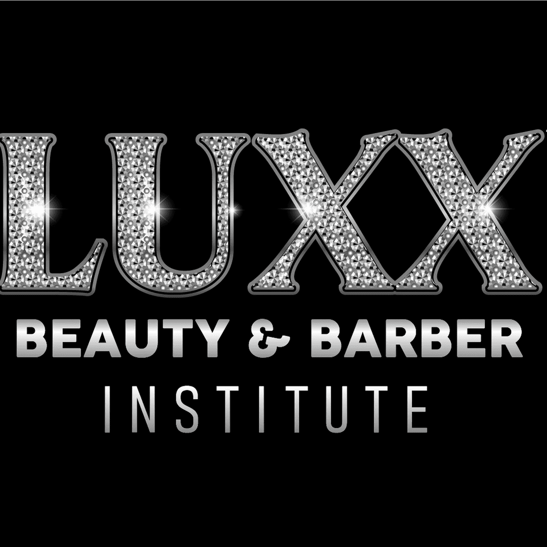 A black and white logo of the luxx beauty & barber institute.